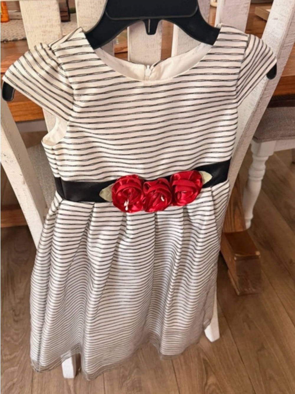 Jayne Copeland White & Black Stripe Dress with Red Rosette Sash